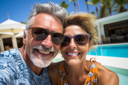 Picture generated with AI of cheerful happy couple enjoy expensive resort vacation