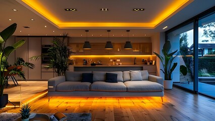 Modern LED lighting and energysaving appliances promote low power consumption and renewables. Concept Energy Efficiency, LED Lighting, Renewable Energy, Eco-Friendly Appliances, Sustainability
