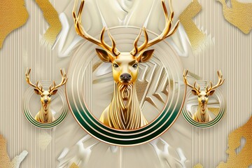 3d mural illustration wallpaper. golden deer in circles with lines , Generative AI