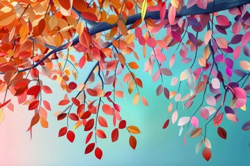 Colorful tree with leaves on hanging branches illustration background. 3d abstraction wallpaper for interior mural wall art decor. Floral tree with multicolor leaves 3d, Generative AI