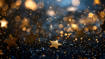 Festive overlay effect. Golden stars bokeh festive glitter background. Christmas greeting cards, invitations, flyers, blog posts, banners design,Golden Lights. Vintage Magic Background With Color
