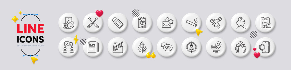 Naklejka premium Smoking, Copy documents and People voting line icons. White buttons 3d icons. Pack of Food delivery, Report, Psychology icon. Favorite mail, Quote bubble, Phone message pictogram. Vector