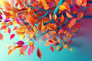 Elegant colorful tree with vibrant leaves hanging branches illustration background. Bright color 3d abstraction wallpaper for interior mural painting wall art decor 3d render, Generative AI