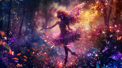Colorful magical dancing fairy in enchanted fantasy forest 