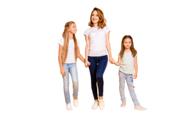 Full length body size view portrait of three nice cute winsome attractive slim cheerful people holding hands mum mommy isolated over bright vivid shine yellow background