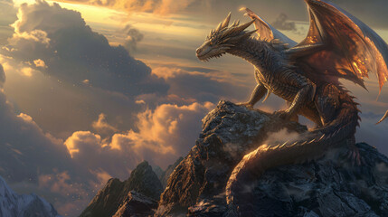 Colossal ancient dragon perches on a mountain top 
