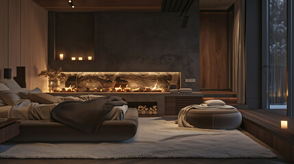 A modern fireplace nestled in the bedroom corner, surrounded by cozy seating and illuminated by...