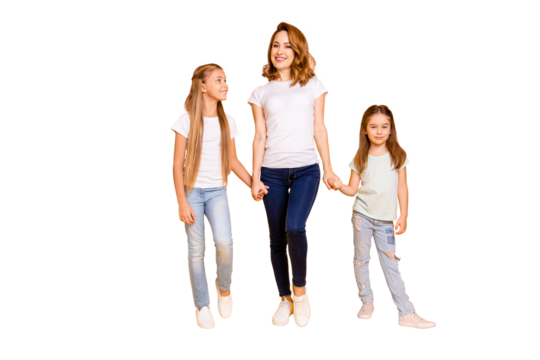 Full length body size view portrait of three nice cute winsome attractive slim cheerful people holding hands mum mommy isolated over bright vivid shine yellow background