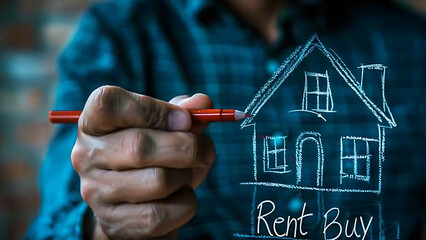 Businessman drawing house icon and writing text Rent and Buy.