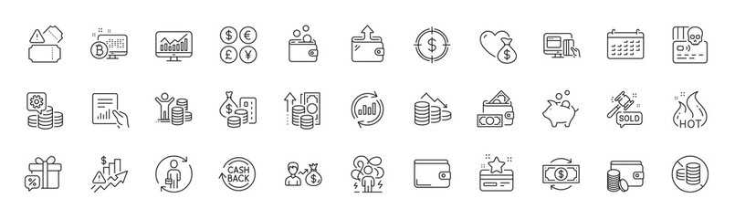 Salary, Inflation and Sale gift line icons. Pack of Payment method, Dollar target, Wallet icon. Calendar, Making money, Difficult stress pictogram. Money, Online payment, Tickets. Line icons. Vector