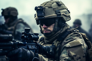 Fototapeta premium Image of courageous soldier with weapon during special operation created with generative AI