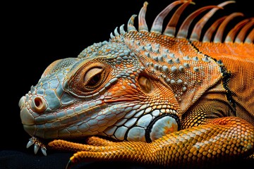 Fototapeta premium Sleeping dragon - Close-up portrait of a resting orange colored male Green iguana isolated on black