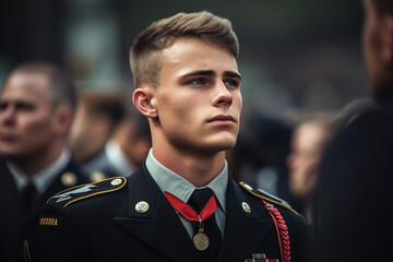 AI generated portrait of handsome man on parade in military army uniform - obrazy, fototapety, plakaty