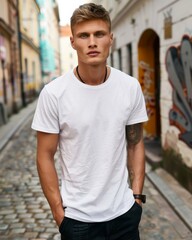 Young Adult man model in Blank white T-Shirt for design mockup
