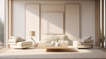 Fototapeta na wymiar A minimalist yet elegant interior space elevated by a tastefully framed artwork.