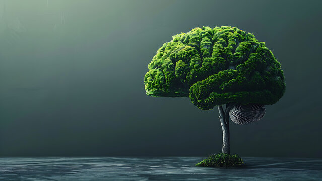 Green tree shaped like a human brain. Creativity growth, better use of brain function and memory improvement concept.