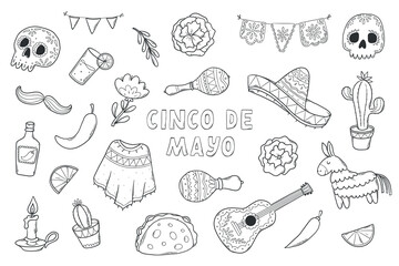 Cinco de Mayo monochrome doodles collection, clip art set, cartoon elements for coloring books, prints, cards, stationary, stickers, etc. EPS 10