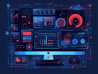 Colorful abstract illustration showcasing a multifaceted control panel with various data display graphics and interactive elements, embodying high-tech digital monitoring or command center aesthetic.