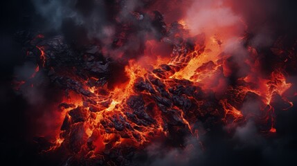 Aerial view of a violent volcano eruption with bright red lava spilling down the rocky mountainside