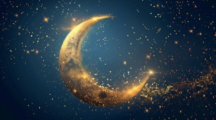 Golden crescent moon with stars and clouds on dark night sky background - obrazy, fototapety, plakaty
