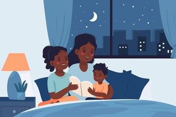 Obraz premium Traditional Indian bedtime story reading routine in a calm and peaceful bedroom setting. With loving parents bonding with their children through storytelling