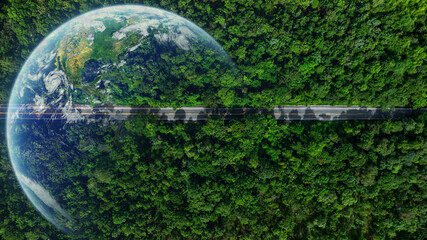 Aerial top view asphalt road forest in tropical rainforest with globe planet earth, Green forest with earth, Green planet in your hands, Save Earth, Ecosystem and healthy environment.