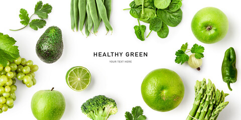 Green healthy fruit vegetable frame border isolated on white background.