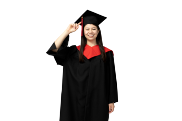 PNG Asian girl in university graduate uniform isolated on white background.