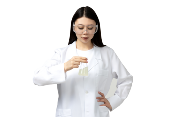 PNG, asian girl chemist lab assistant, isolated on white background.