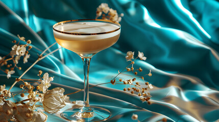 glass of champagne on blue background with flower