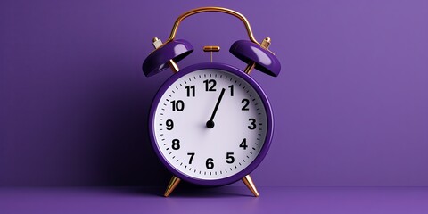 alarm clock on purple background Minimalistic flat lay,with copy space for photo text or product, blank empty copyspace banner about time management and selfamplement concept.