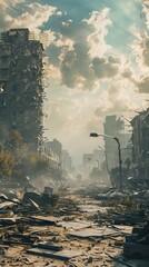 Dive into a postapocalyptic wasteland with a CG background depicting crumbling buildings and desolate landscapes - obrazy, fototapety, plakaty