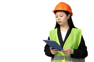 PNG, Asian girl in the role of construction worker, isolated on white background.