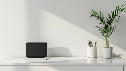 Minimalist home office interior with a clean desk, laptop, potted plant, and ample white wall space for text background  