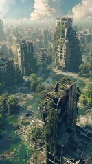 Dive into a postapocalyptic wasteland with a CG background depicting crumbling buildings and desolate landscapes - obrazy, fototapety, plakaty