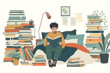 Illustration of an student engrossed in reading a book, seated amidst piles of textbooks
