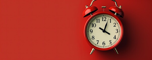 alarm clock on red background Minimalistic flat lay,with copy space for photo text or product, blank empty copyspace banner about time management and selfamplement concept.