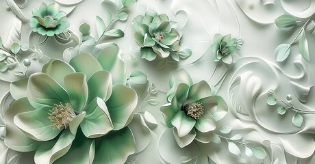 3d wallpaper mural abstract floral background with green flowers 3d mural flower for interior home, Generative AI