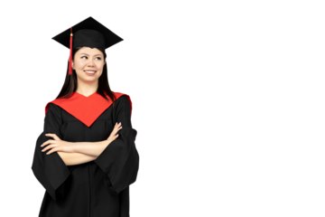 PNG Asian girl in university graduate uniform isolated on white background.