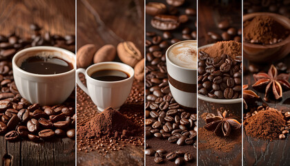 Collage of aromatic coffee beverage with roasted beans and powder - obrazy, fototapety, plakaty