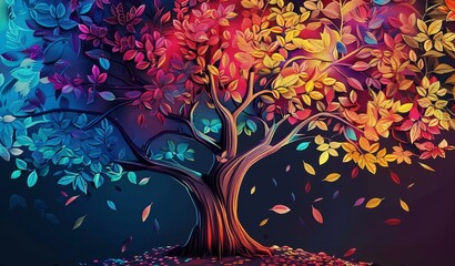 Elegant colorful tree with vibrant leaves hanging branches illustration background. Bright color 3d abstraction wallpaper for interior mural painting, Generative AI