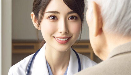 高齢男性を診察する日本人女性医師
