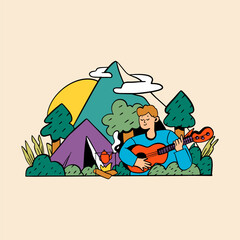 Tourist plays guitar in nature. Flat vector illustration isolated on background. - 791437517