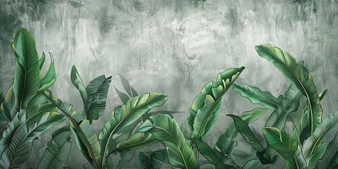 Tropical leaves on a gray background. Photo wallpaper with leaves. Fresco for the interior. Wall decor in grunge style. Painted green leaves. Photo wallpapers, Generative AI