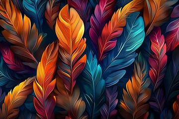 Colorful feathers leave on the living wall 3d abstraction wallpaper. Abstract seamless pattern peacock feathers background. Multicolor feather above on hanging wall interior mural art, Generative AI