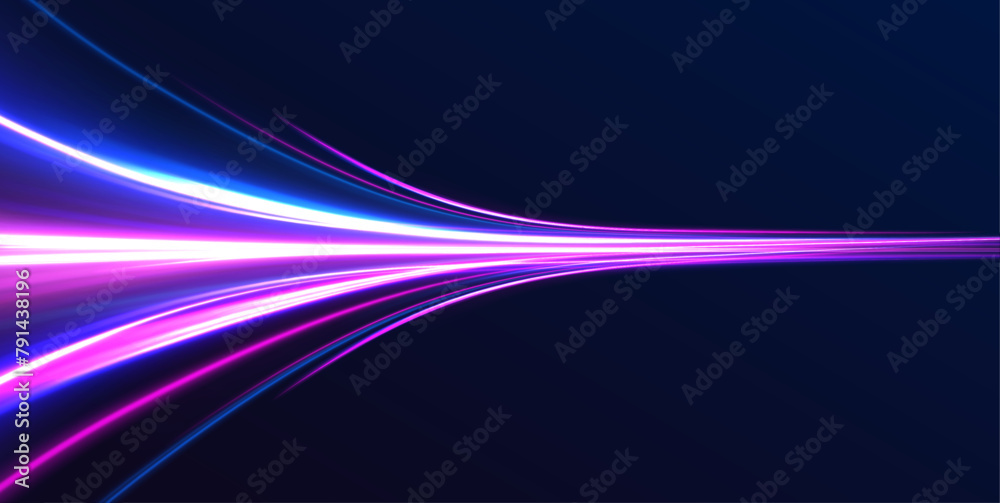 Poster Neon color glowing lines background, high-speed light trails effect. Modern abstract high-speed light motion effect on black background. Light motion effect, slow shutter of traffic.	