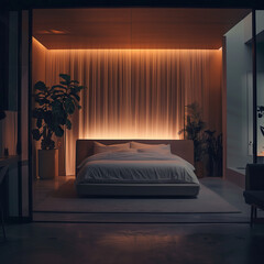 **A minimalist designed bedroom, shot in the middle of the night with a cinematic vision 