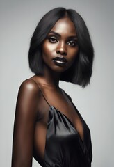 Naklejka premium Beautiful young woman wearing black shiny dress isolated on light background
