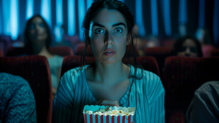Female movie audience with a bucket of popcorn, looking engaged or scared by the movie. Movie night concept.