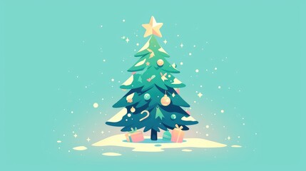 Illustrate a cute kawaii Christmas tree icon in a simple and stylish flat design